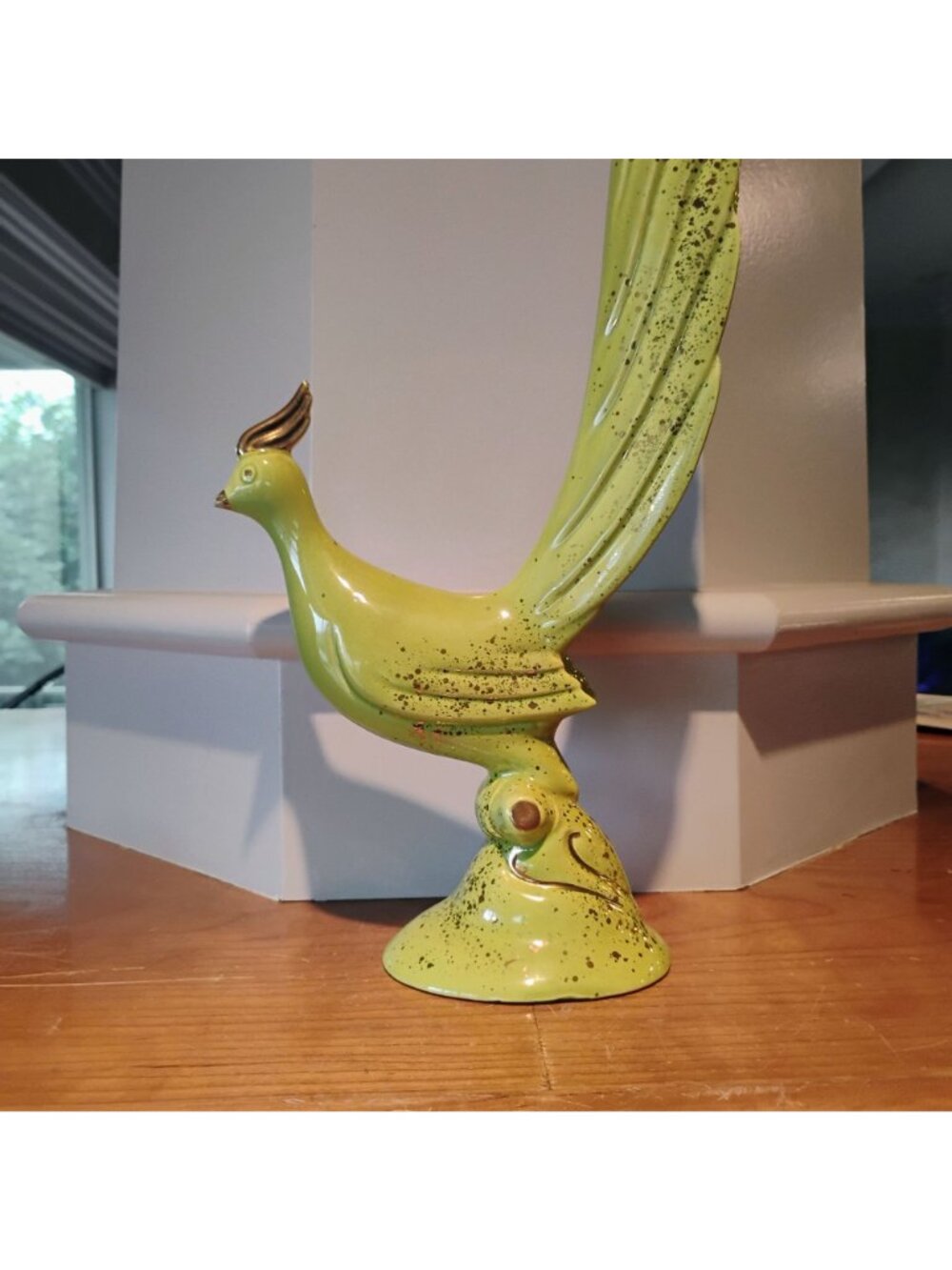 VTG MCM Long Tailed Pheasant Bird Figurine 16.5" Tall Avocado Green & Gold - Picture 6 of 11
